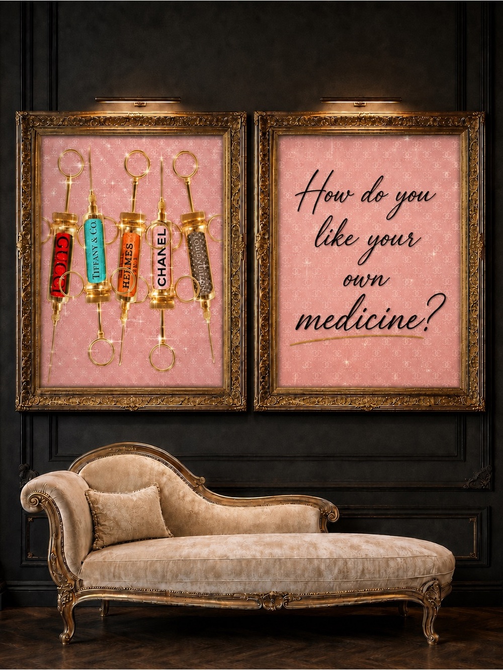 Pick 1 | Designer inspired Syringe Art Print Duo - Pink & Gold Glam Room Decor